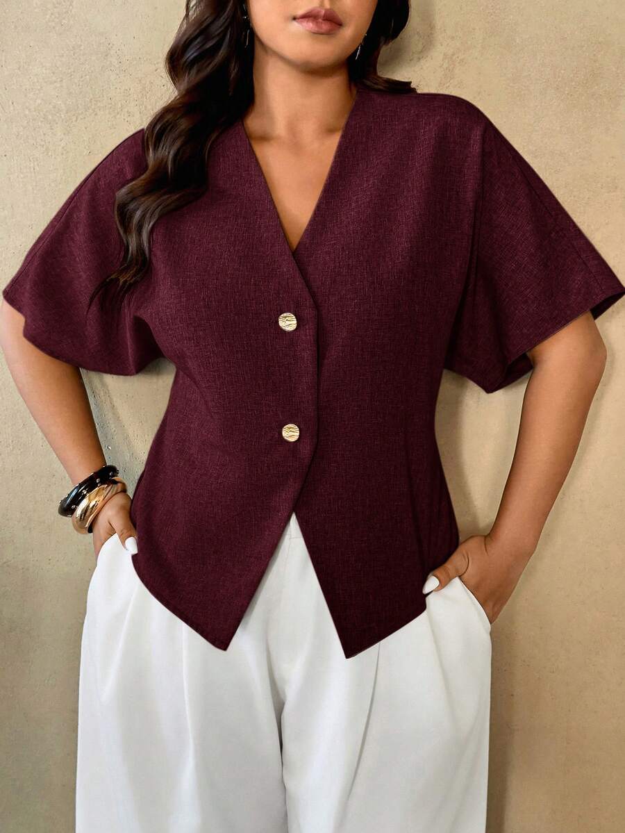 Auralis Camisa casual/de trabajo de manga corta para mujer de talla grande - Burdeos - Ver 1