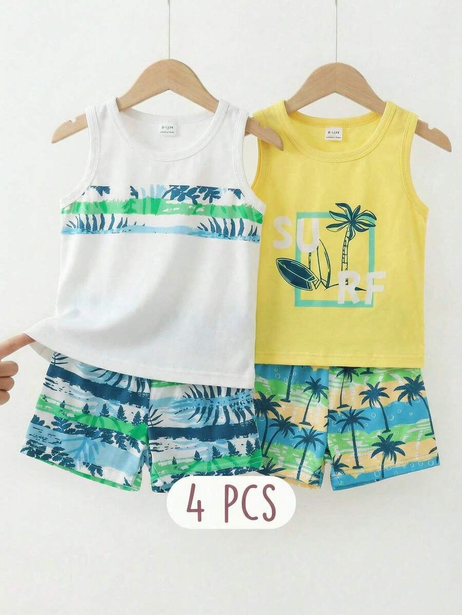 SHEIN Playful Pals 4件/套 嬰幼兒男童夏季套裝 淡黃色葉子印花上衣與短褲套裝 休閒海灘度假假日服裝 適用於0-3歲 - 彩色 - 查看 1