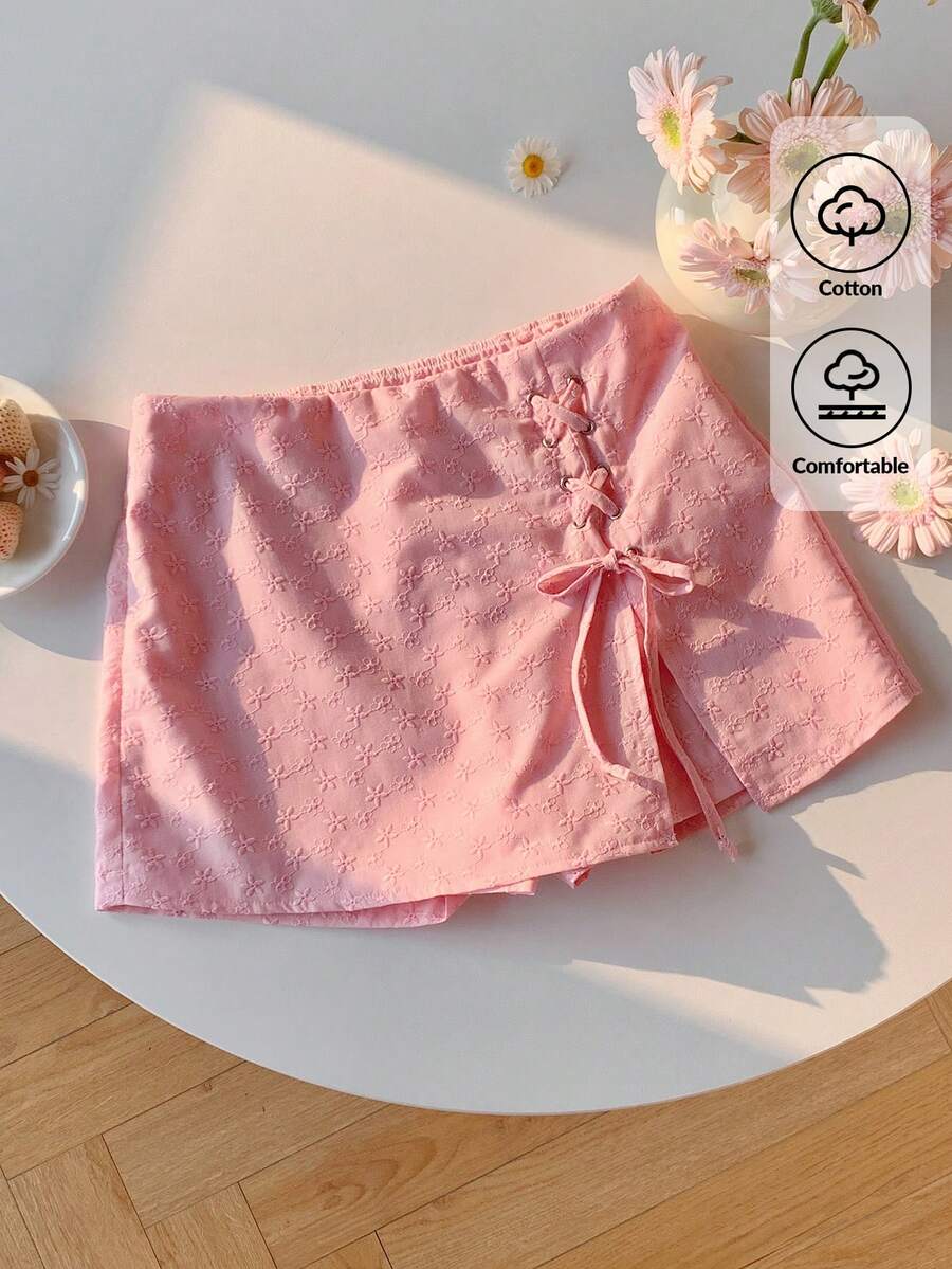Comfortcana Women's Floral Embroidery Side Drawstring Culottes - Pink - View 1