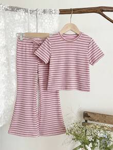 LMoss Kids Young Girl Casual Vacation & Commute Contrast Stripe & Floral Print Short Sleeve T-Shirt And Flare Pants Set, Spring/Summer/Autumn - Pink - View 6