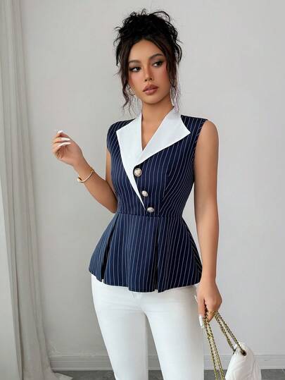 Elenzga Women's Summer Navy Blue Striped Fabric Shirt With Large Lapel, Contrast Color, Metal Button Decor, Waist Cinched, Pleated Hem, Elegant Office Wear