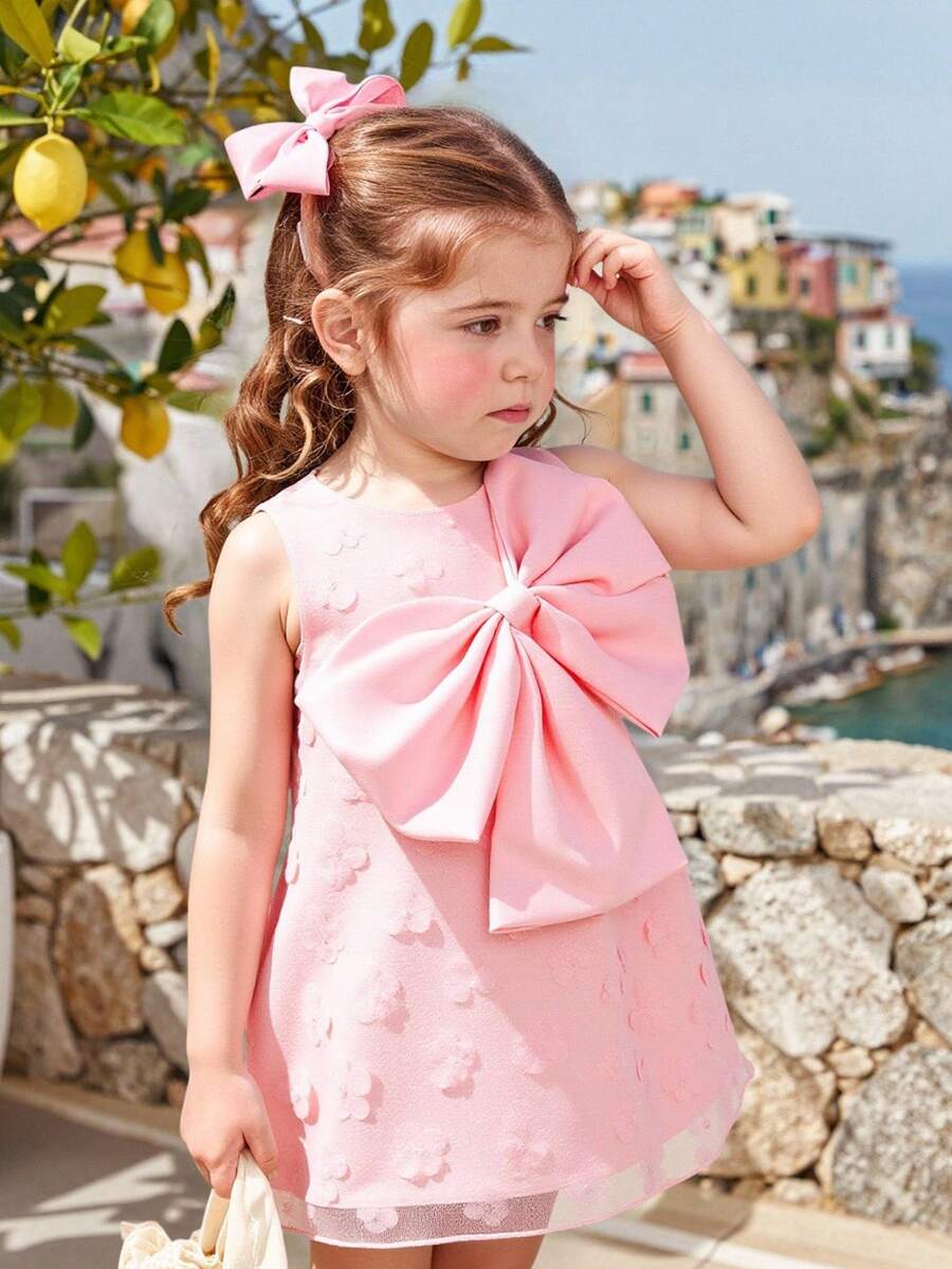 SHEIN Glamorique Kids 女婴公主裙，粉色公主裙，粉色3D立体花朵网纱裙，前襟蝴蝶结装饰，A字裙，可爱，生日派对，婚礼，节日，正式场合，花童，中东，欧美，粉色连衣裙，派对连衣裙，幼儿连衣裙，蝴蝶结连衣裙，女婴连衣裙，婴儿派对连衣裙，粉色婴儿连衣裙，花朵刺绣连衣裙，女婴派对连衣裙，女婴蝴蝶结连衣裙，女婴派对服装 - 粉色 - 查看 1