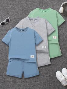 SHEIN Genkimix Kids 6件套儿童休闲简约圆领T恤短裤套装，夏季运动服，3种颜色（灰色、黑色、白色） - 彩色 - 查看 8
