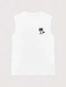 Open Phase 1 chiếc áo tank top nam cổ tròn in hình cây dừa và mặt trời, kiểu dáng thường ngày, thích hợp cho mùa hè. - trắng - Xem 3