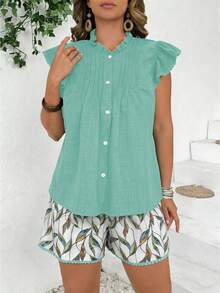 Weeklong Plus Size Solid Color Casual Retro Pleated Ruffle Flare Sleeve Top And All-Over Print Shorts 2 Piece Set - Mint Green - View 5