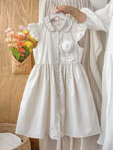 Vintaside Kids 女童夏季小短袖翻领简约休闲时尚竖条纹连衣裙，适合户外度假、露营、休闲穿着 - 黃色 - 查看 4