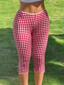 SHEIN PETITE CURVE Plus Size Women's Red Plaid Knit Elastic Leggings - Multicolor - View 5