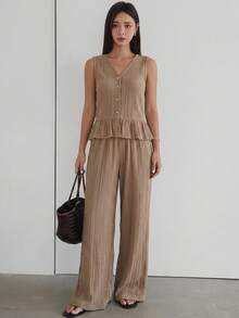 Dazy-Less Women's Loose Fit Tank Top And Wide Leg Pants Set, Textured Fabric, Casual Beach/Resort Style, Spring/Summer Lounge Sets For Women - Khaki - View 2