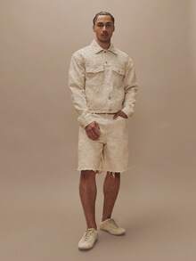 Musero Áo khoác denim dáng rộng tay dài, vai rớt, hơi ngắn, họa tiết dây thừng 3D phủ khắp thân áo, cài cúc phía trước, hai túi nắp gập, thích hợp cho mùa xuân hè và các dịp lễ hội. - Màu be - Xem 3