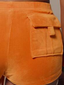 MUSERA Velour Ruched Tie Front Fitted Hotpants Mini Shorts Summer Vacation Holiday Festival Rave Beach Carnival - Orange - View 5