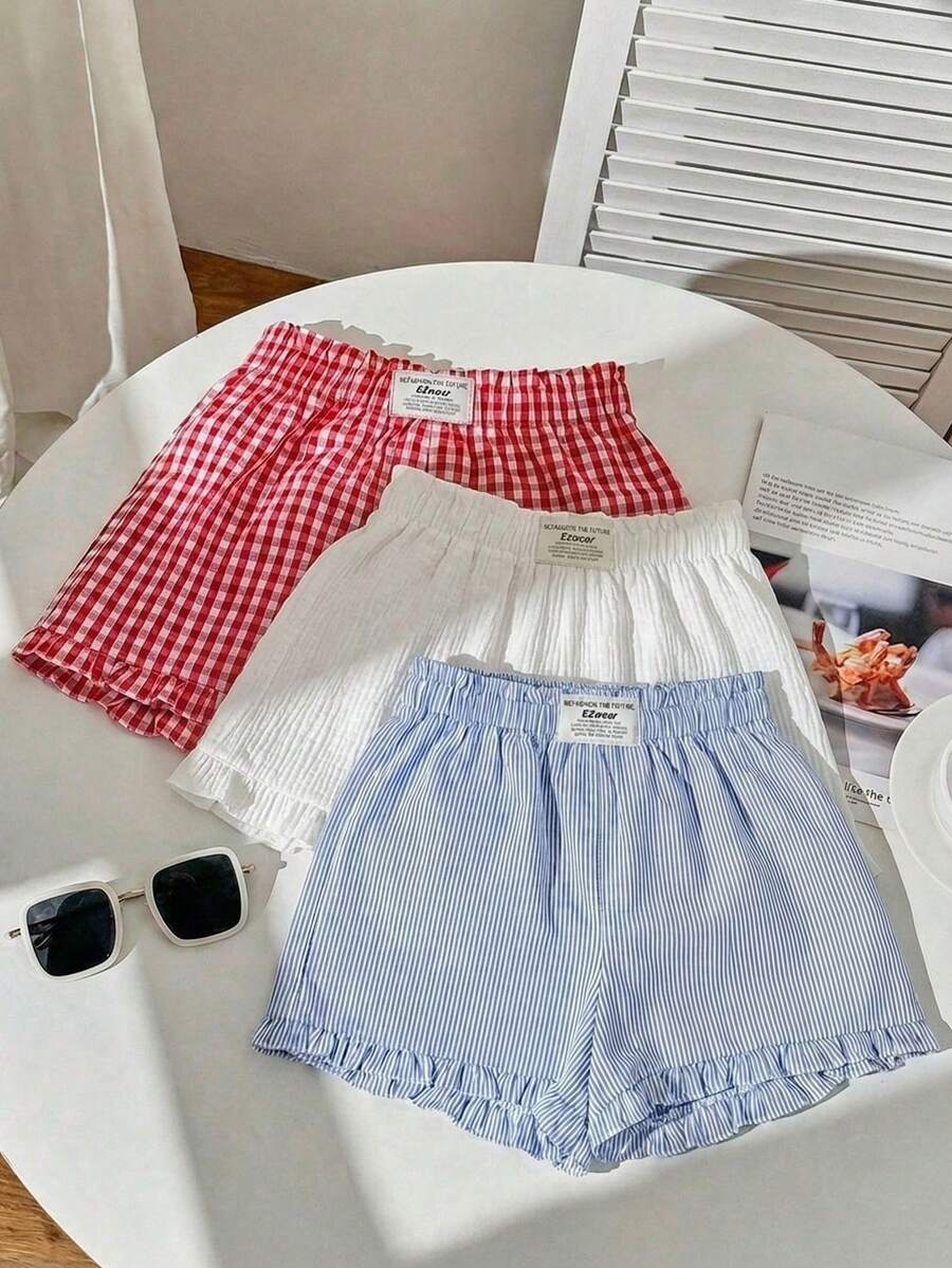 SHEIN Comfortcana Bộ 3 món quần short nữ buộc dây dáng rộng, bèo nhún, thêu họa tiết, họa tiết kẻ sọc, trang phục thường ngày cho nữ. - Nhiều màu - Xem 1