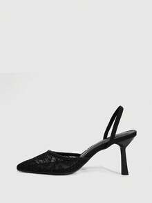 CUCCOO SZL Women's Embroidered Mesh Design Pointed Toe Asymmetric Heel High Heels, Romantic Elegant Stylish Mesh Pumps With Exposed Heel For Formal Occasions, Dates, Afternoon Tea, Weddings, Parties, Valentine's Day Spring Shoes - Black F - View 4
