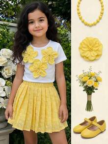 SHEIN Conjunto de camiseta de manga corta con bloque de color floral decorativo y falda plisada jacquard, fresco y dulce para niña en verano - Amarillo - Ver 4