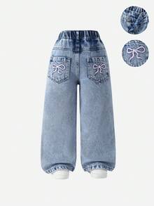 SHEIN Elladie kids Young Girls' Casual Jeans,Back-To-School Light Blue Vintage Distressed Denim,Elastic Waist Asymmetric Design,Bow Embroidered Pocket Straight Leg Pants - Light Wash - View 11