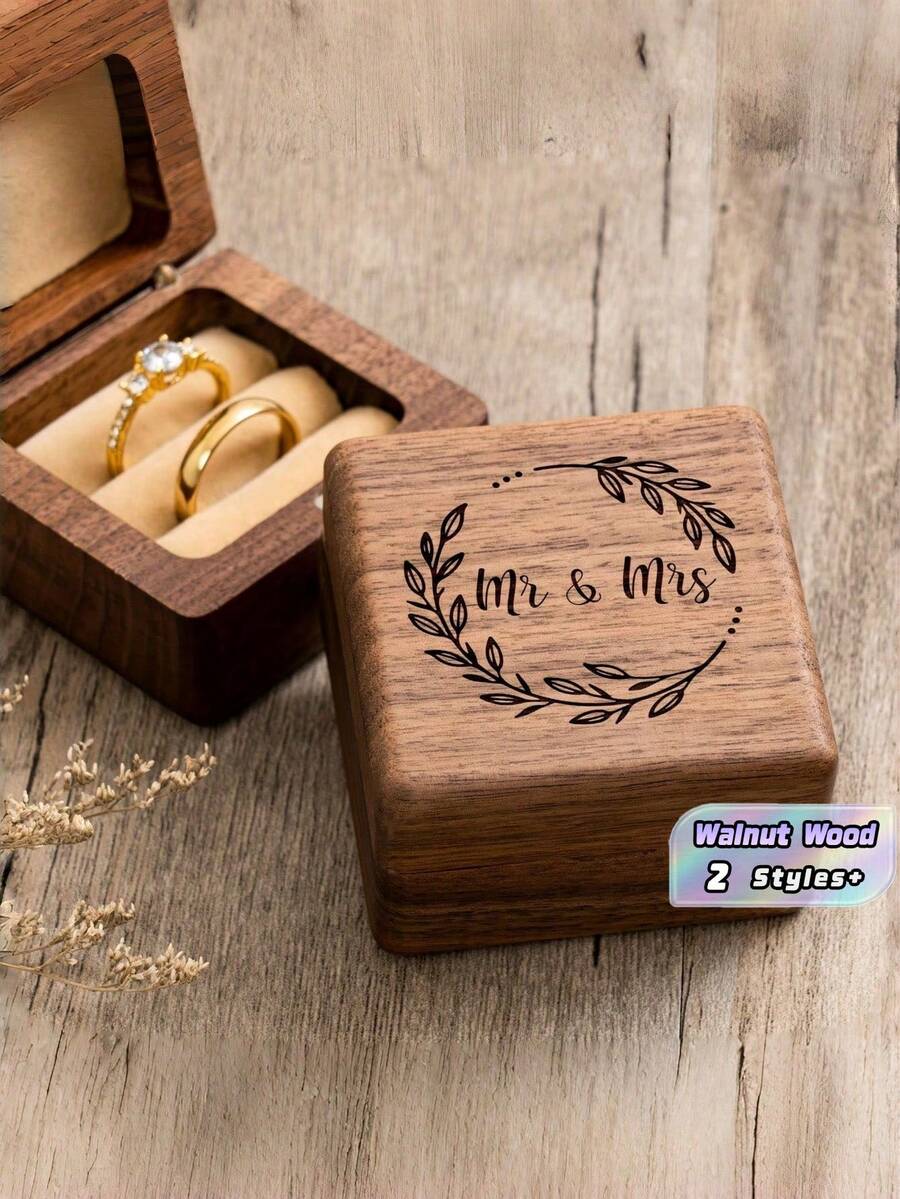 1PC 6.2x6.2x4.1cm Handcrafted Walnut Wood Elegant Holds 2 Rings Engraved Mr And Mrs Ring Box For Wedding Proposal Engagement Anniversary Gift Couple Wooden Ring Box - Brown - View 1