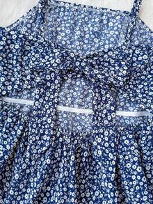 SHEIN Kids Teen Girls Blue Floral Ditsy Layered Ruffle Backless Jumpsuit Dress With Big Bow Decor,Casual Modest Holiday Outfit Vacation Summer,Jumpsuit - Blue and White - View 7