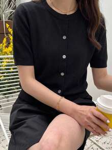 DAZY Áo khoác cardigan dệt kim tay ngắn cài nút tối giản đa năng dành cho nữ - màu đen - Xem 3