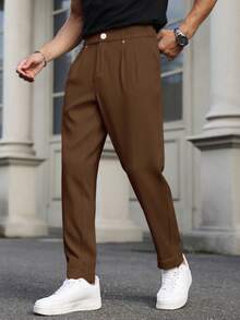 Manfinity Bizformal Manfinity Formal Men's Straight Leg Casual Trousers, Coffee Brown, Autumn, Business Casual, Office Retro British Style Pleated High Waisted Suit Pants, Ceremony - Brown - View 4