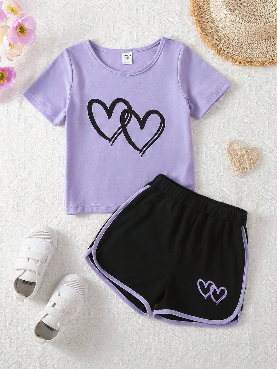 SHEIN 2件套 女童夏季休闲爱心印花T恤和短裤套装 - 彩色 - 查看 1