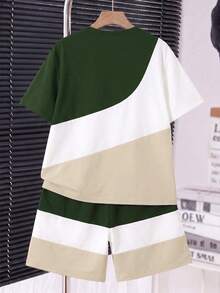 Tween Boys T-Shirt Set, Summer Green, White, Apricot, Fluid Wave Color Block Patchwork Set, Big Kids Casual Short Sleeve Shorts 2-Piece Set, Children's Korean Style Cool Chest Text Print Design - Multicolor - View 3