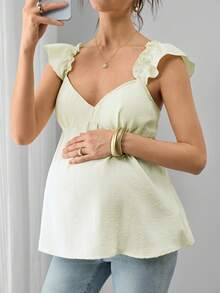 SHEIN Top de maternidad versátil de unicolor con cuello en V, mangas volantes y espalda descubierta para el verano - Amarillo - Ver 5