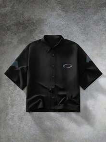 Manfinity RebelGame Men's Street Style Letter Print Single-Breasted Shirt - Black - View 4