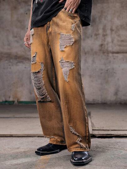 Skyrend 1 pieza Pantalones vaqueros de pierna ancha casual lavados con ajuste holgado, marca de ropa urbana estadounidense vintage desgastada de Justice Brother, adecuado para todas las estaciones (cinturón y accesorios no incluidos)
