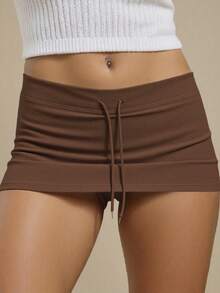 Quần short cơ bản cạp thấp có dây rút dành cho nữ - màu nâu - Xem 4