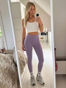 CovetEZ Women's Casual Solid Color High Waist Patchwork Pocket Skinny Leggings - Purple - View 6