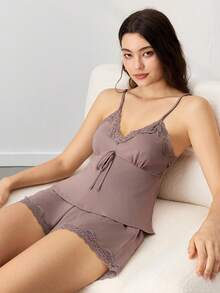 LUVLETTE Bộ đồ ngủ mùa hè thoải mái làm từ chất liệu TENCEL™ Modal màu nâu nhạt, gồm áo hai dây và quần short, mềm mại, thoáng khí, thích hợp mặc ở nhà. - màu nâu - Xem 10