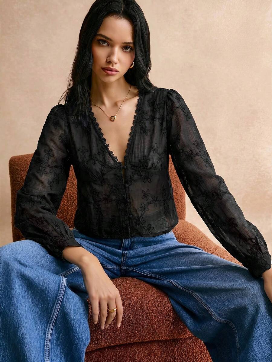 Poéselle 女士纯色长袖 V 领简约衬衫,休闲日常穿着 - 黑色 - 查看 1
