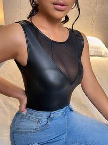 SHEIN SXY Solid Contrast Mesh PU Leather Tank Top - Black - View 3