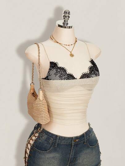 SHEIN ICON Dames camisole top met kanten patchwork en ruches, casual en veelzijdig voor dagelijks gebruik.