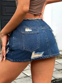 SHEIN PETITE Váy denim rách dành cho nữ cỡ nhỏ - Màu xanh lam - Xem 3