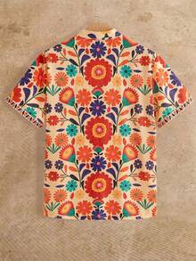 HIMLAND Men's Casual Floral Print Button-Front Short Sleeve Shirt Floral Print Casual Breathable Summer Beach Shirt For Casual Vacation Mexican Floral Shirt Men Colorful Button Up Shirt Men Flower Shirt Men Floral Shirt Colorful Men Button Up Floral Hawaiian Shirt Summer Shirt For Men, Father's Day Gifts - Orange - View 3