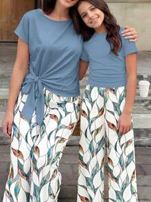 Tween Girl Solid Color Round Neck Ruffle Short Sleeve T-Shirt And All-Over Print Long Pants Casual Daily Outfit - White - View 3