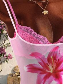 Amplova Áo corset ren hoa mùa xuân hè, áo hai dây không tay bằng vải lưới in họa tiết, thích hợp cho kỳ nghỉ, đi biển, tiệc tùng thường ngày. - Hồng - Xem 6