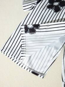 2pcs/Set Girls Bowknot Striped Print Outfit, Shirt Tee And Shorts, Suitable For Commuting And Daily Wear - Black and White - View 8