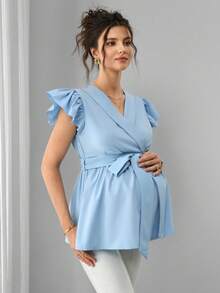 Momance Áo bầu tay ngắn bèo nhún, cổ choàng, thắt eo, nơ phía trước, xếp ly phía sau. - Màu xanh nhạt - Xem 3