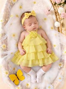 SHEIN Đầm không tay màu vàng xếp tầng họa tiết hoa dễ thương và thanh lịch cho bé gái, kiểu dáng mùa xuân. - Màu vàng - Xem 1