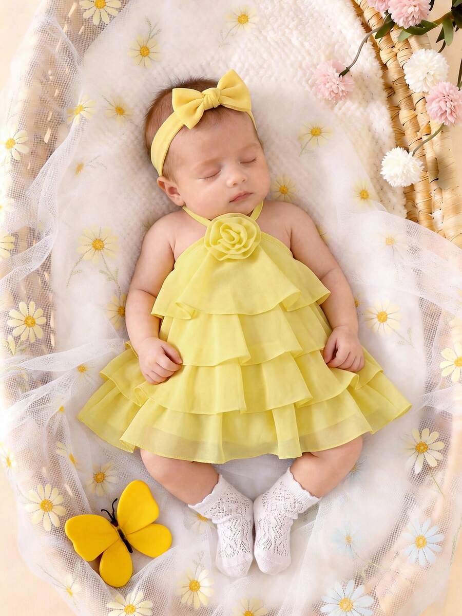 SHEIN Đầm không tay màu vàng xếp tầng họa tiết hoa dễ thương và thanh lịch cho bé gái, kiểu dáng mùa xuân. - Màu vàng - Xem 1