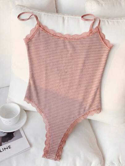 Comfortcana Áo liền thân ren phối sọc dành cho nữ, kiểu dáng thường ngày.