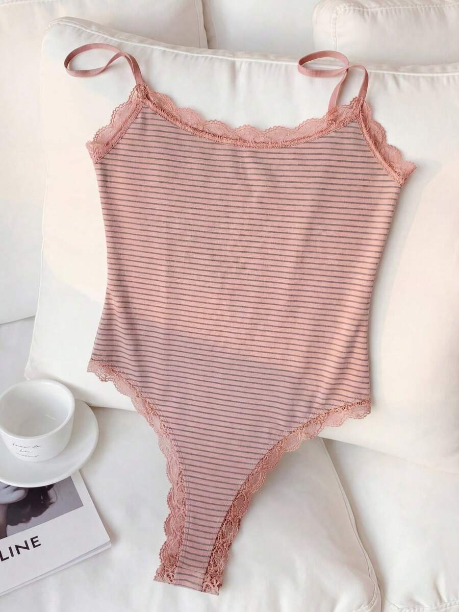 Comfortcana Áo liền thân ren phối sọc dành cho nữ, kiểu dáng thường ngày. - Đỏ - Xem 1