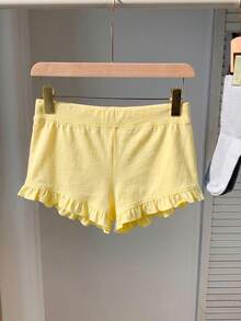 Comfortcana Women's Summer Cat Print Ruffle Hem Tie-Front Shorts, Pale Yellow - Pale Yellow - View 2