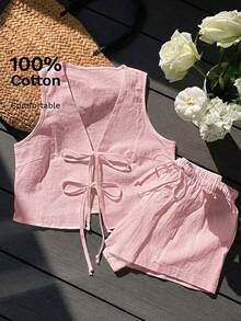 Comfortcana Bộ đồ nữ màu hồng nhạt gồm áo croptop không tay buộc dây phía trước và quần short, kiểu dáng thường ngày, thích hợp cho mùa hè. - Màu Hồng baby - Xem 8