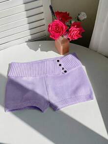 Comfortcana Women's Low-Rise Knit Shorts With Button Details And Rolled-Up Cuffs, Suitable For Spring And Summer. - Purple - View 3