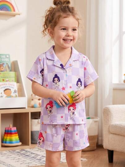 SHEIN GraphicGems 2pcs/Set Young Girl' Cute Pink Short Sleeve Top And Shorts Comfortable Pajama Set