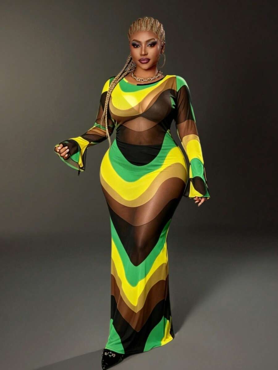 Maweii Plus Size Sexy Contrast Color Sheer Mesh Flare Sleeve Dress - Green - View 1