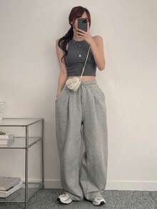 DAZY Tank Top Pendek Polos Kasual Wanita untuk Musim Panas - Grey - View 5