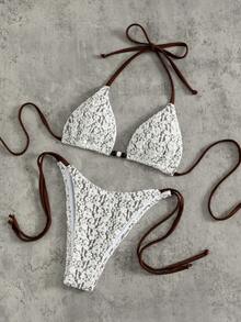 Swim Vcay Textured Triangle Cup Lace Patchwork Halter Contrast Color Bikini Set Golf White Summer Sexy - Brown - View 3